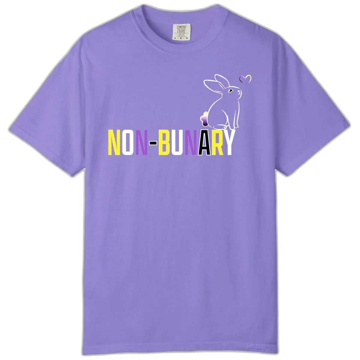 Non-binary bunny pride design featuring a white-outlined rabbit with gradient heart symbol and colorful 'NON-BINARY' text in yellow, purple, and white in Violet