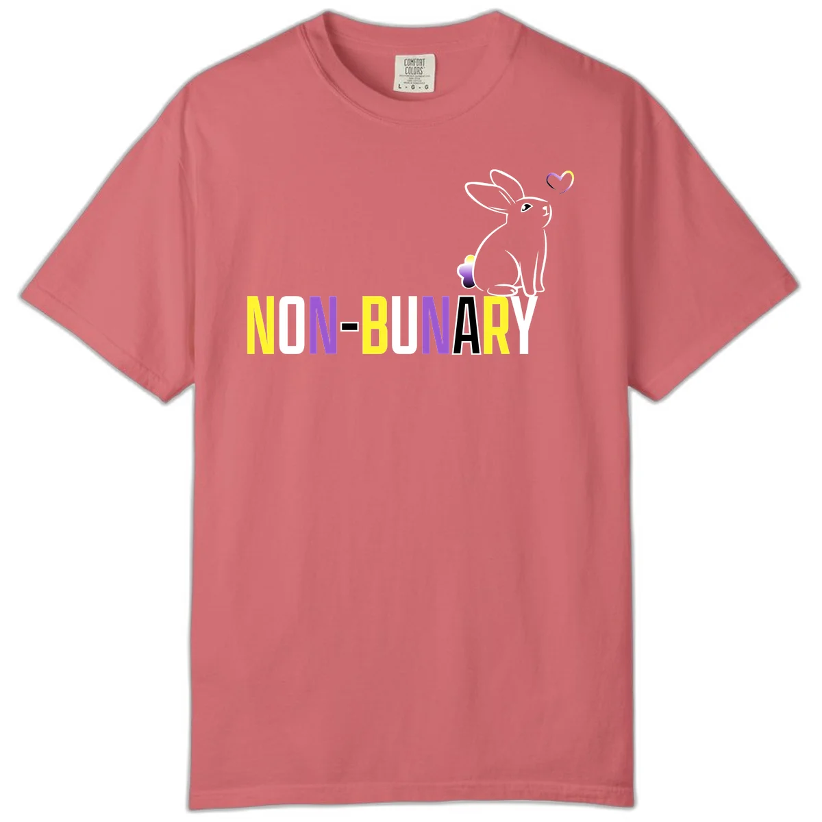 Non-binary bunny pride design featuring a white-outlined rabbit with gradient heart symbol and colorful 'NON-BINARY' text in yellow, purple, and white in Watermelon