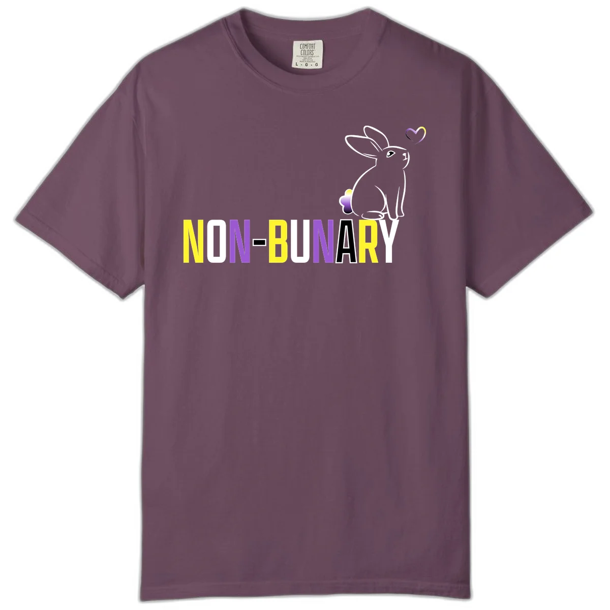 Non-binary bunny pride design featuring a white-outlined rabbit with gradient heart symbol and colorful 'NON-BINARY' text in yellow, purple, and white in Berry