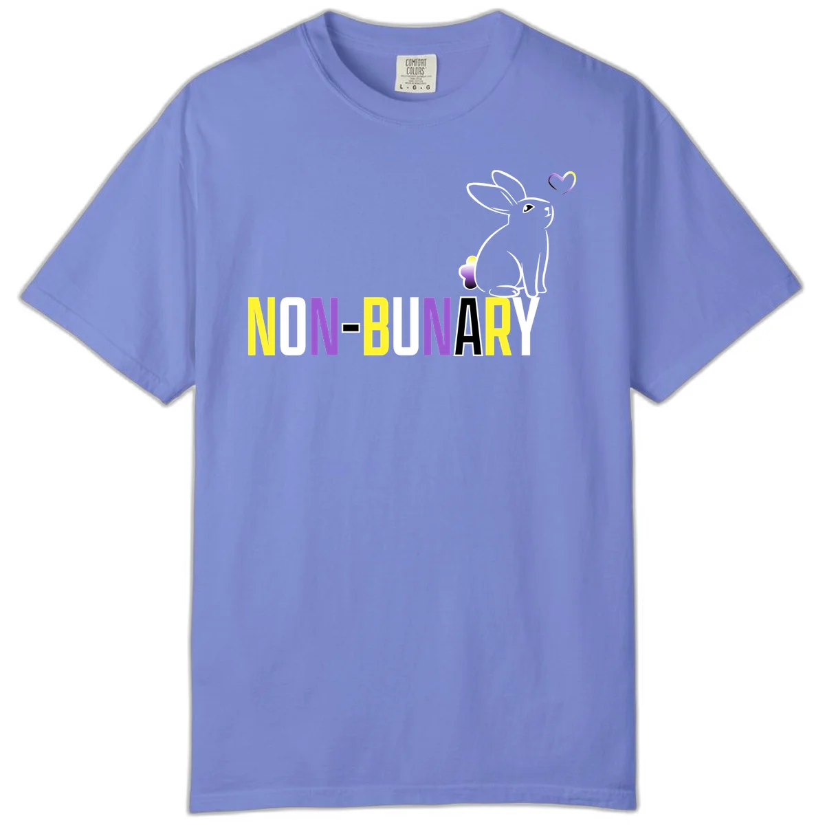 Non-binary bunny pride design featuring a white-outlined rabbit with gradient heart symbol and colorful 'NON-BINARY' text in yellow, purple, and white in Flo Blue