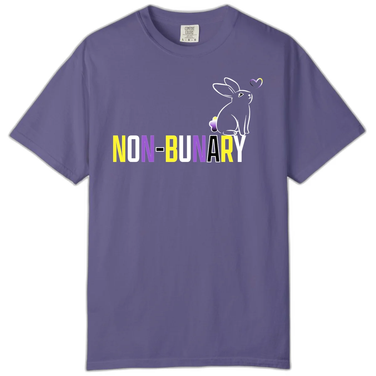 Non-binary bunny pride design featuring a white-outlined rabbit with gradient heart symbol and colorful 'NON-BINARY' text in yellow, purple, and white in Grape