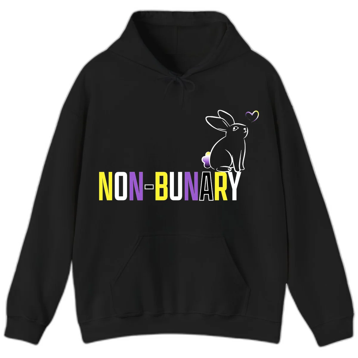 Non-binary bunny pride design featuring a white-outlined rabbit with gradient heart symbol and colorful 'NON-BINARY' text in yellow, purple, and white in Black