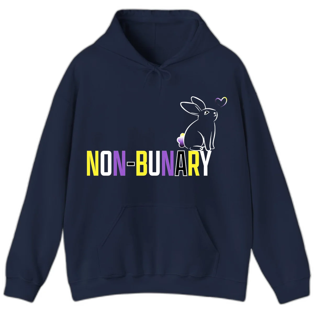 Non-binary bunny pride design featuring a white-outlined rabbit with gradient heart symbol and colorful 'NON-BINARY' text in yellow, purple, and white in Navy