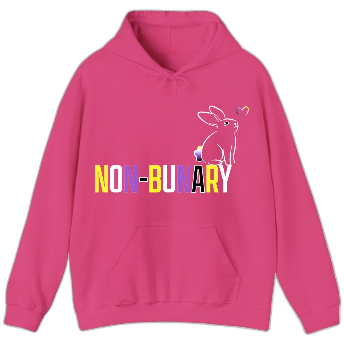 Non-binary bunny pride design featuring a white-outlined rabbit with gradient heart symbol and colorful 'NON-BINARY' text in yellow, purple, and white in Heliconia
