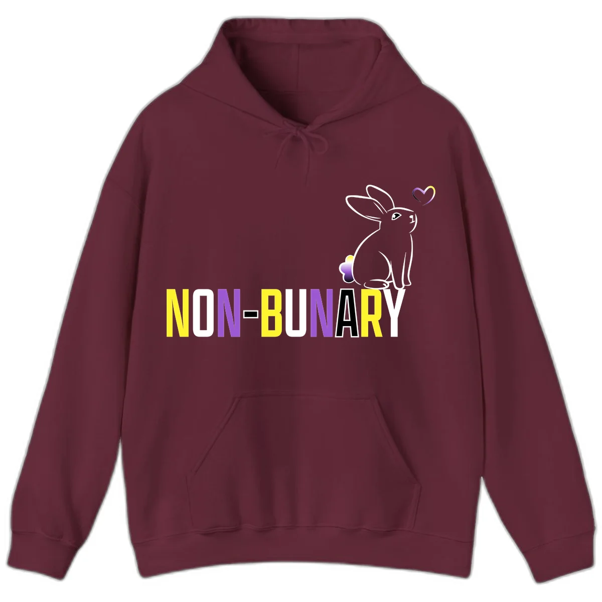 Non-binary bunny pride design featuring a white-outlined rabbit with gradient heart symbol and colorful 'NON-BINARY' text in yellow, purple, and white in Maroon