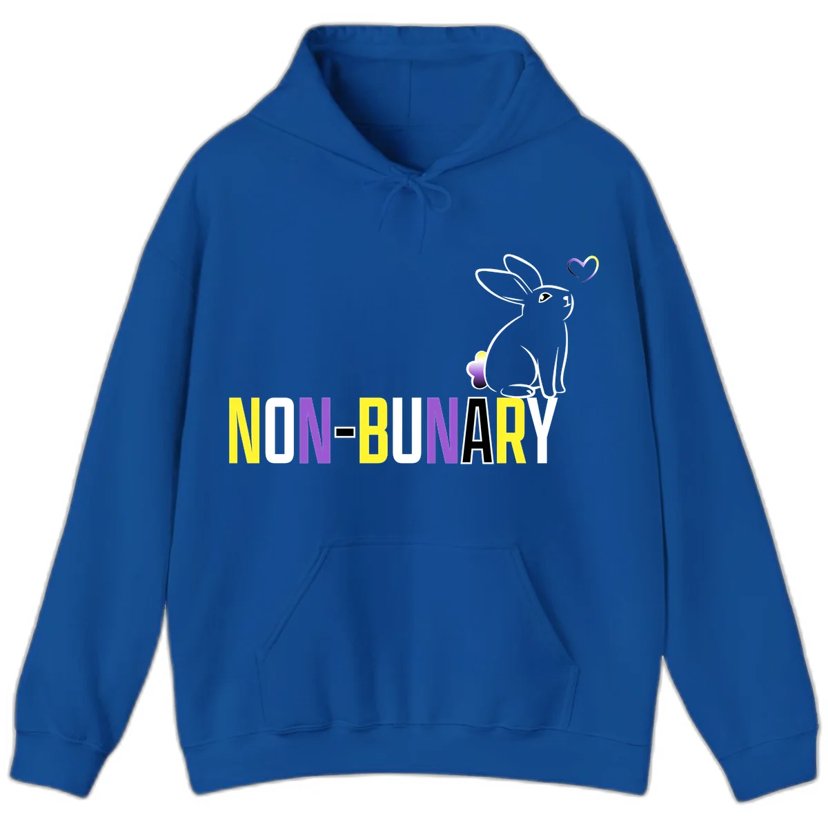 Non-binary bunny pride design featuring a white-outlined rabbit with gradient heart symbol and colorful 'NON-BINARY' text in yellow, purple, and white in Royal