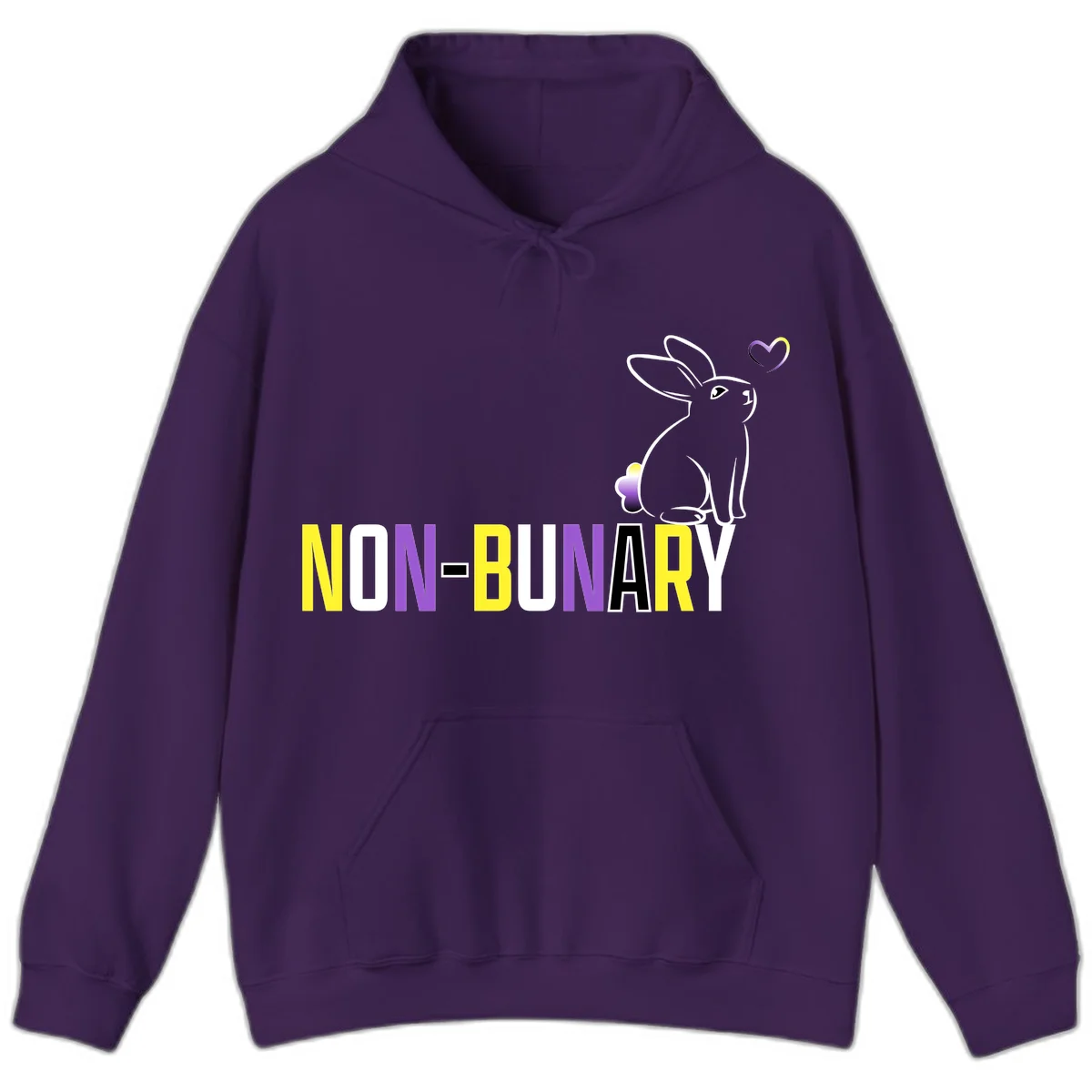 Non-binary bunny pride design featuring a white-outlined rabbit with gradient heart symbol and colorful 'NON-BINARY' text in yellow, purple, and white in Purple