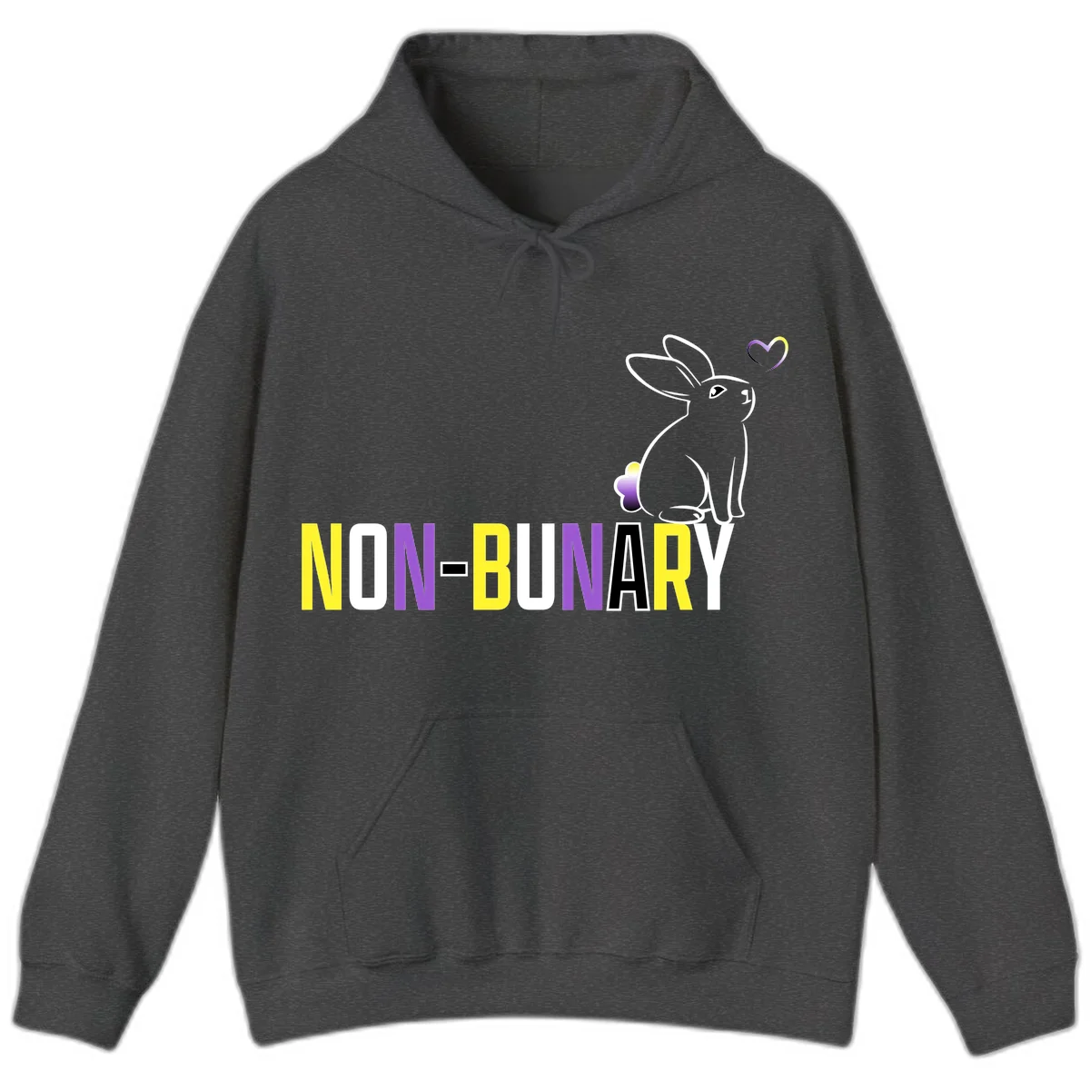 Non-binary bunny pride design featuring a white-outlined rabbit with gradient heart symbol and colorful 'NON-BINARY' text in yellow, purple, and white in Dark Heather