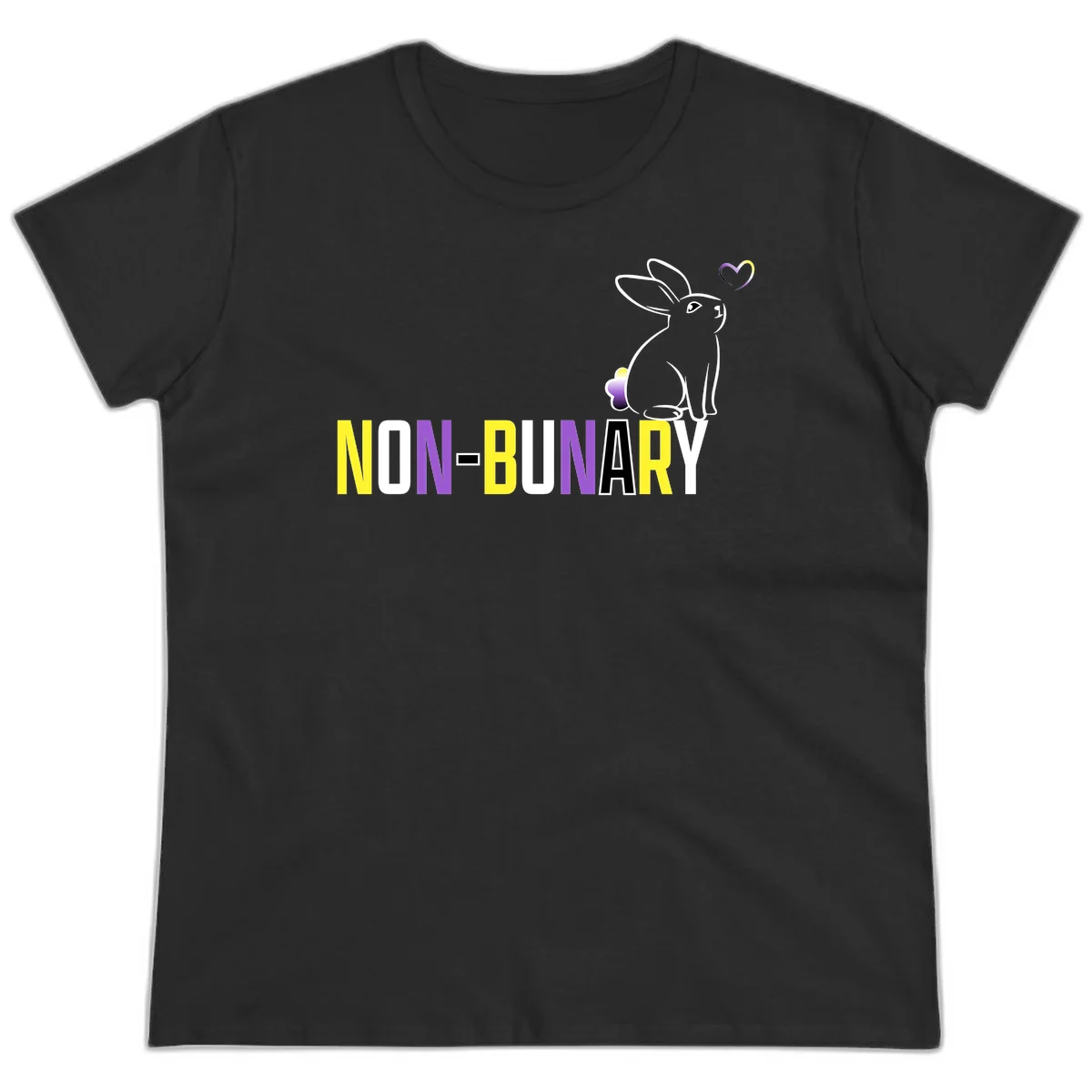 Non-binary bunny pride design featuring a white-outlined rabbit with gradient heart symbol and colorful 'NON-BINARY' text in yellow, purple, and white in Black