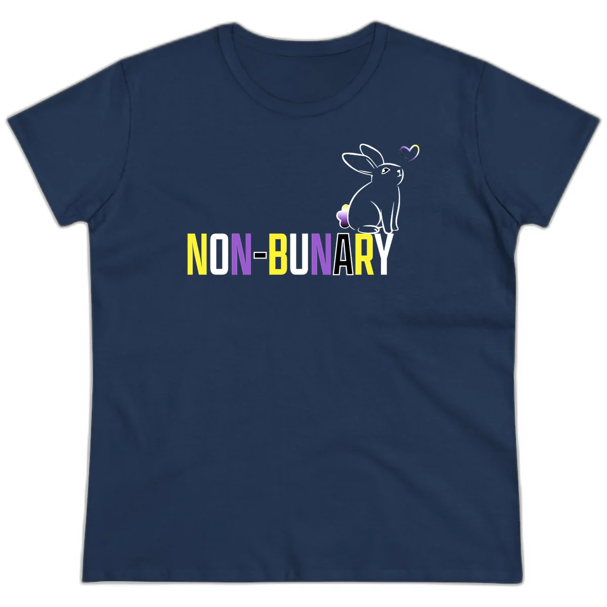 Non-binary bunny pride design featuring a white-outlined rabbit with gradient heart symbol and colorful 'NON-BINARY' text in yellow, purple, and white in Navy