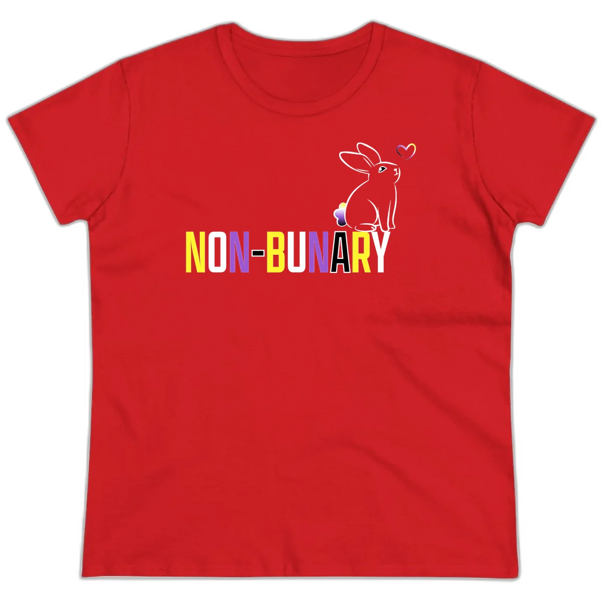 Non-binary bunny pride design featuring a white-outlined rabbit with gradient heart symbol and colorful 'NON-BINARY' text in yellow, purple, and white in Red