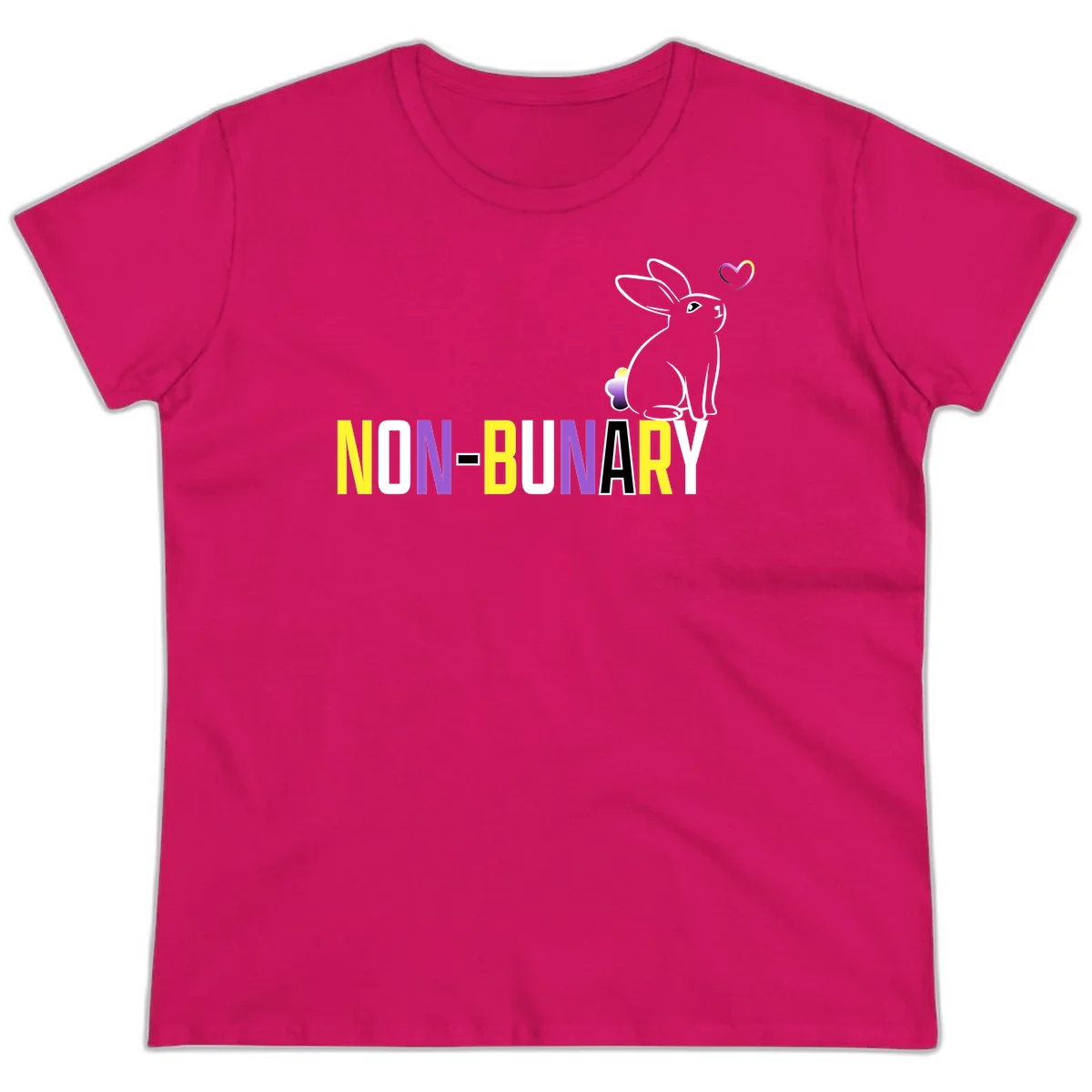 Non-binary bunny pride design featuring a white-outlined rabbit with gradient heart symbol and colorful 'NON-BINARY' text in yellow, purple, and white in Heliconia