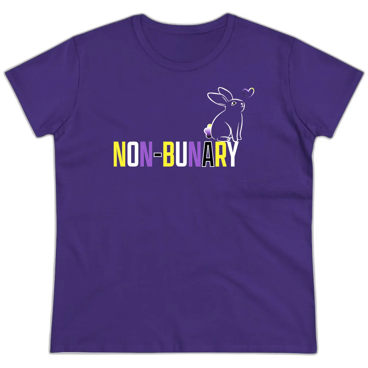 Non-binary bunny pride design featuring a white-outlined rabbit with gradient heart symbol and colorful 'NON-BINARY' text in yellow, purple, and white in Purple