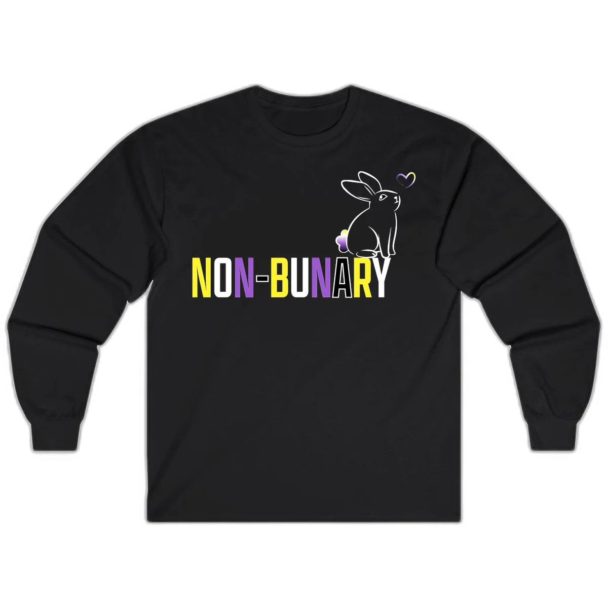 Non-binary bunny pride design featuring a white-outlined rabbit with gradient heart symbol and colorful 'NON-BINARY' text in yellow, purple, and white in Black