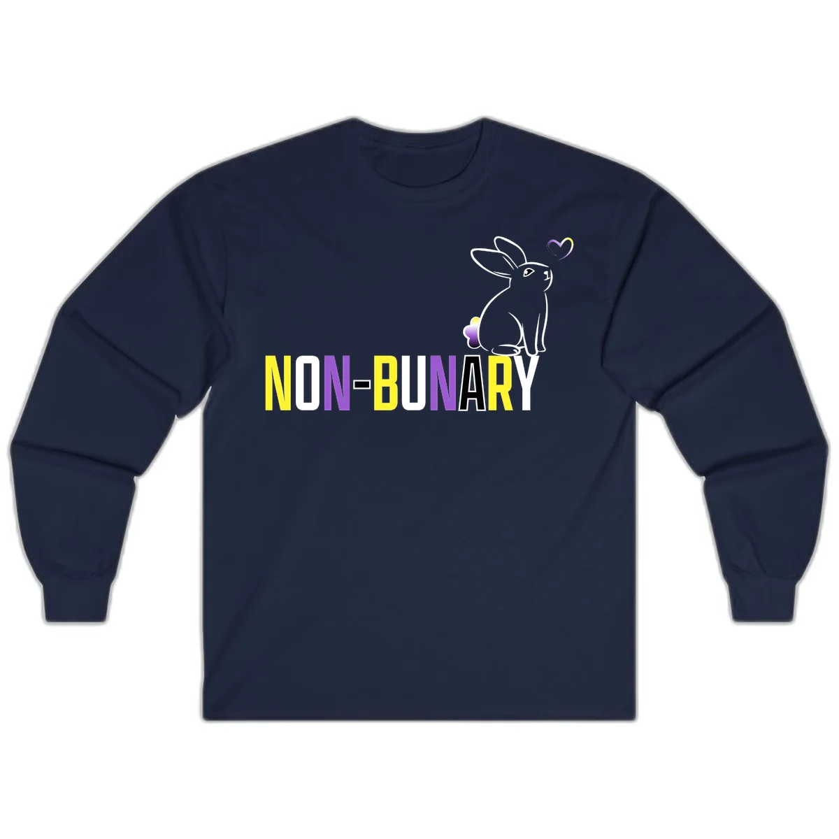 Non-binary bunny pride design featuring a white-outlined rabbit with gradient heart symbol and colorful 'NON-BINARY' text in yellow, purple, and white in Navy
