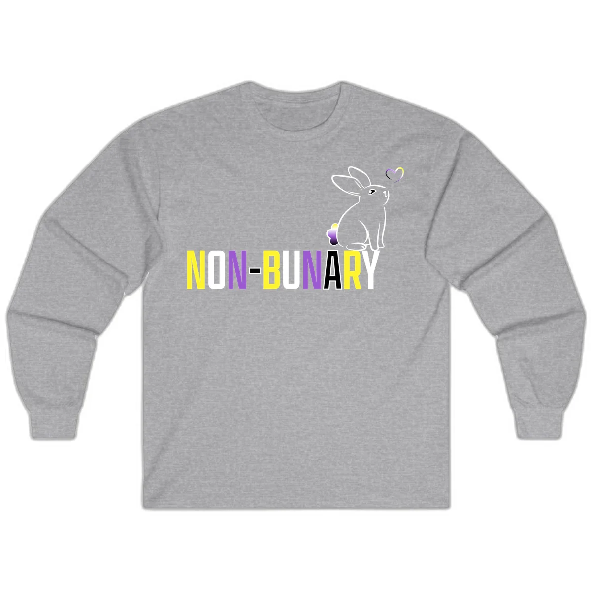 Non-binary bunny pride design featuring a white-outlined rabbit with gradient heart symbol and colorful 'NON-BINARY' text in yellow, purple, and white in Sport Grey