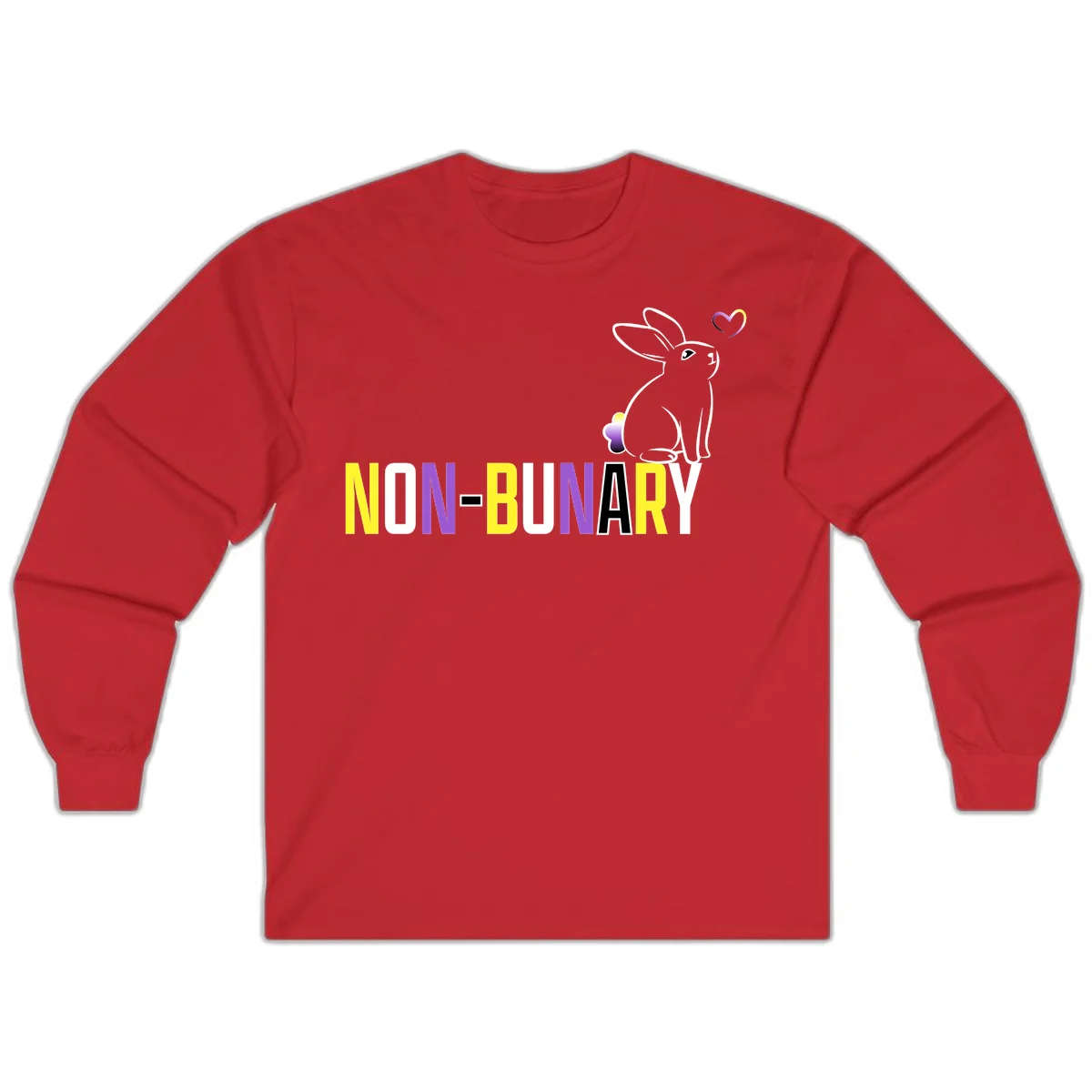 Non-binary bunny pride design featuring a white-outlined rabbit with gradient heart symbol and colorful 'NON-BINARY' text in yellow, purple, and white in Red