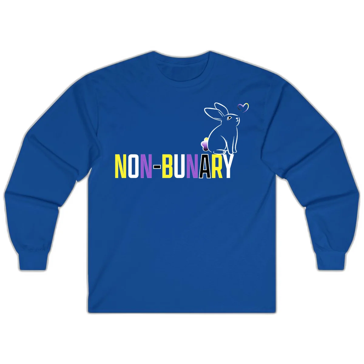 Non-binary bunny pride design featuring a white-outlined rabbit with gradient heart symbol and colorful 'NON-BINARY' text in yellow, purple, and white in Royal