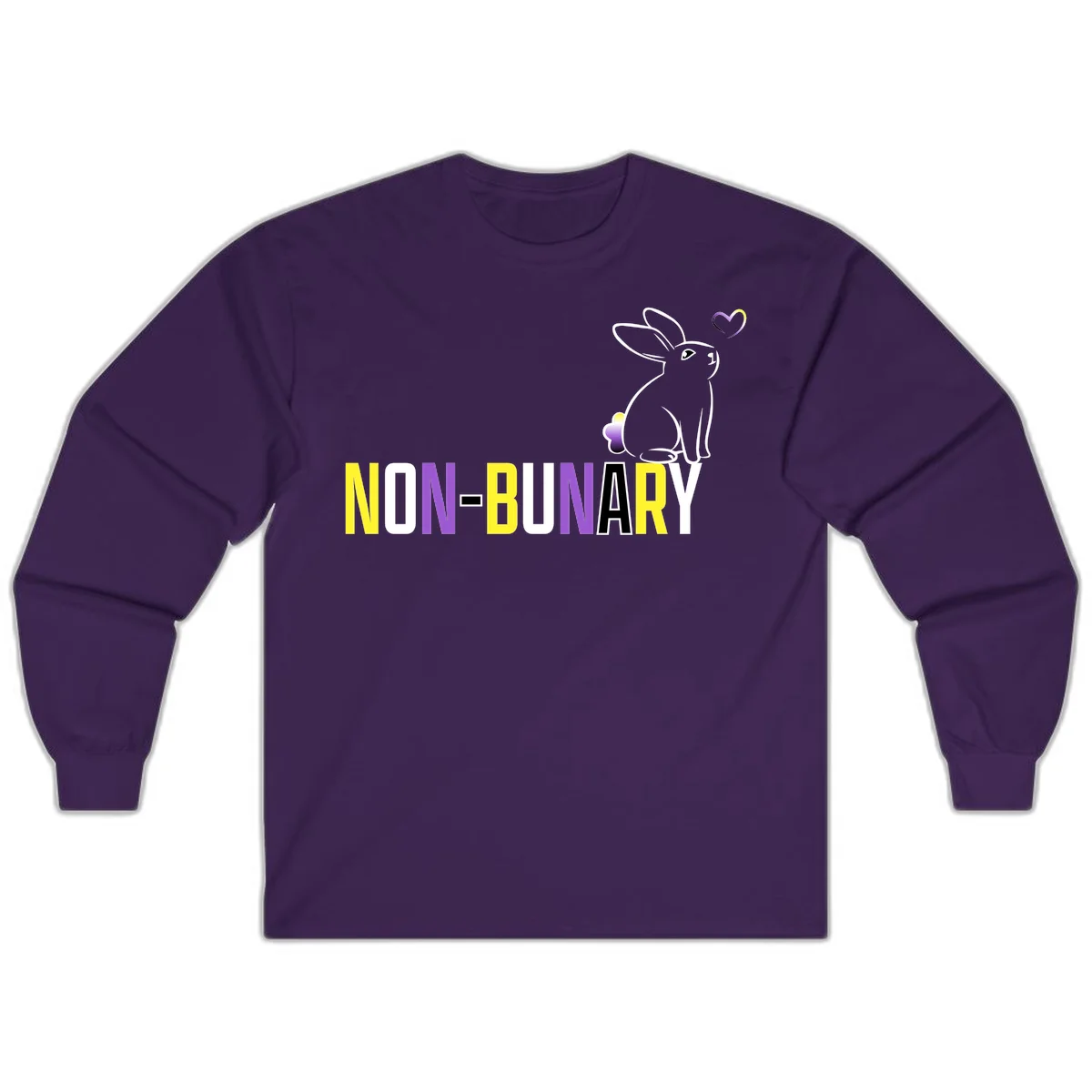 Non-binary bunny pride design featuring a white-outlined rabbit with gradient heart symbol and colorful 'NON-BINARY' text in yellow, purple, and white in Purple