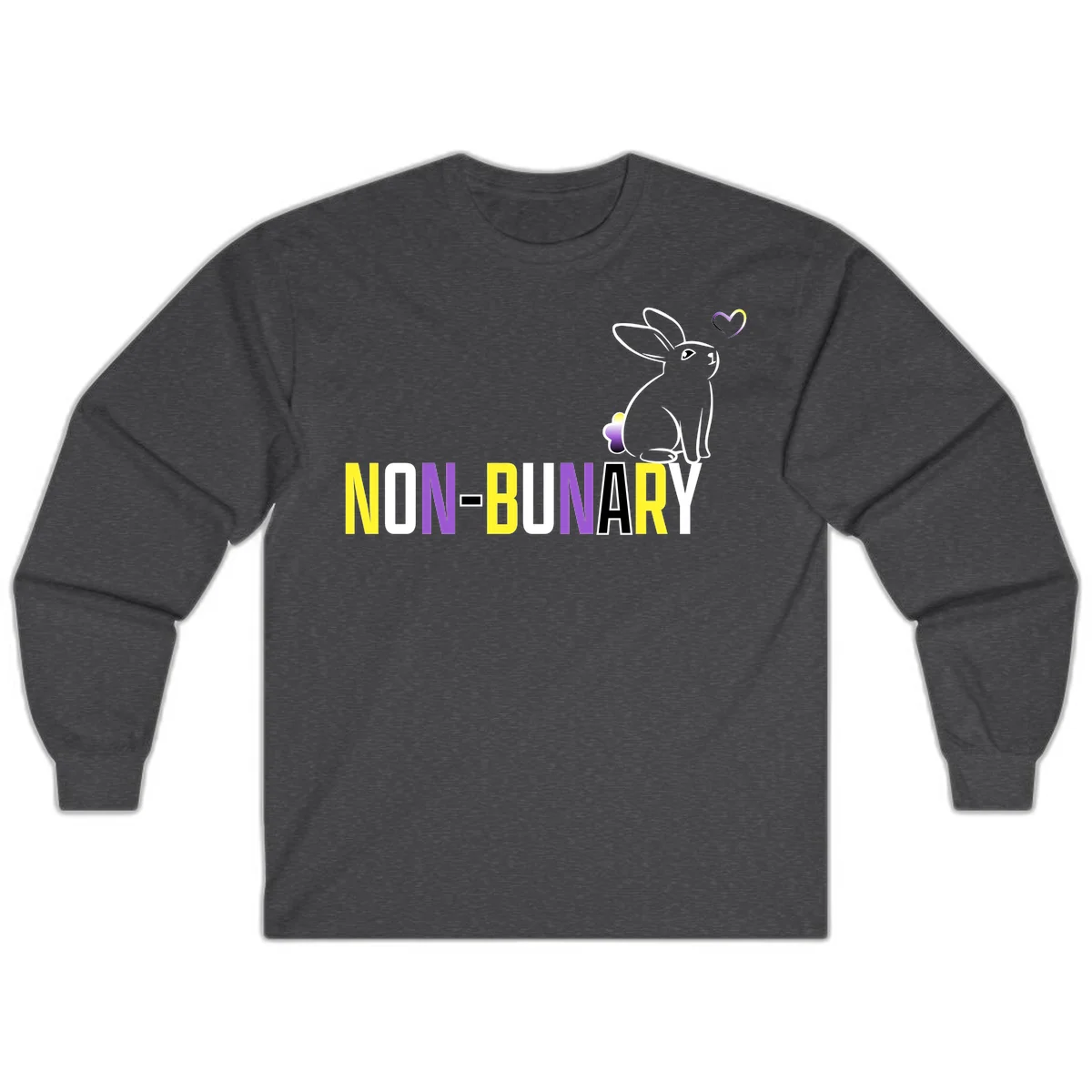 Non-binary bunny pride design featuring a white-outlined rabbit with gradient heart symbol and colorful 'NON-BINARY' text in yellow, purple, and white in Dark Heather
