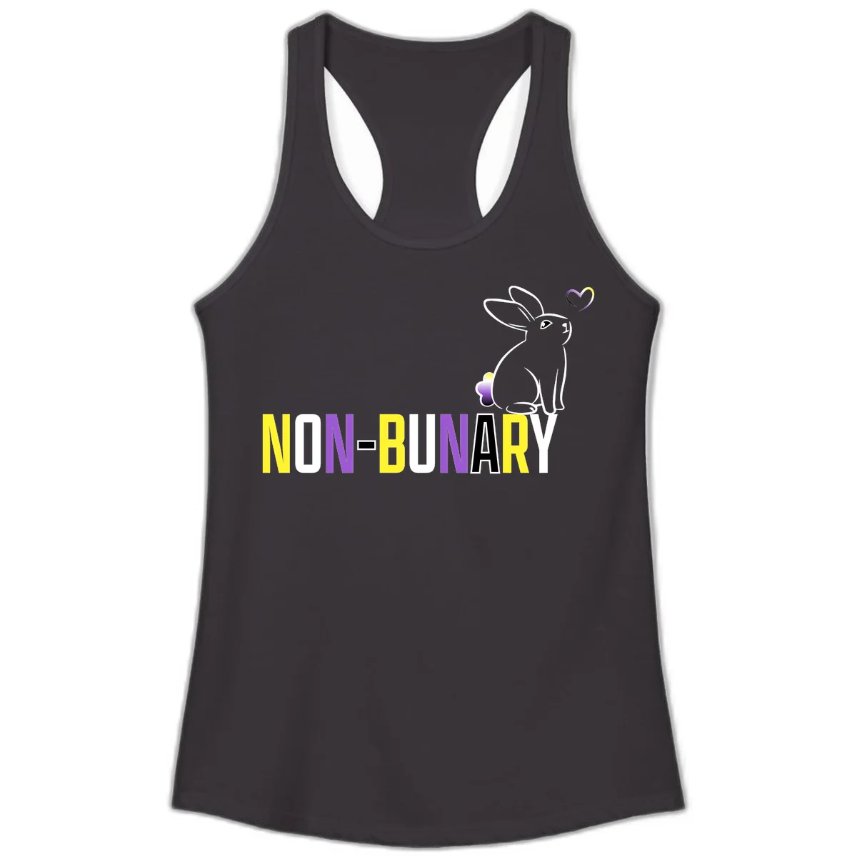 Non-binary bunny pride design featuring a white-outlined rabbit with gradient heart symbol and colorful 'NON-BINARY' text in yellow, purple, and white in Black