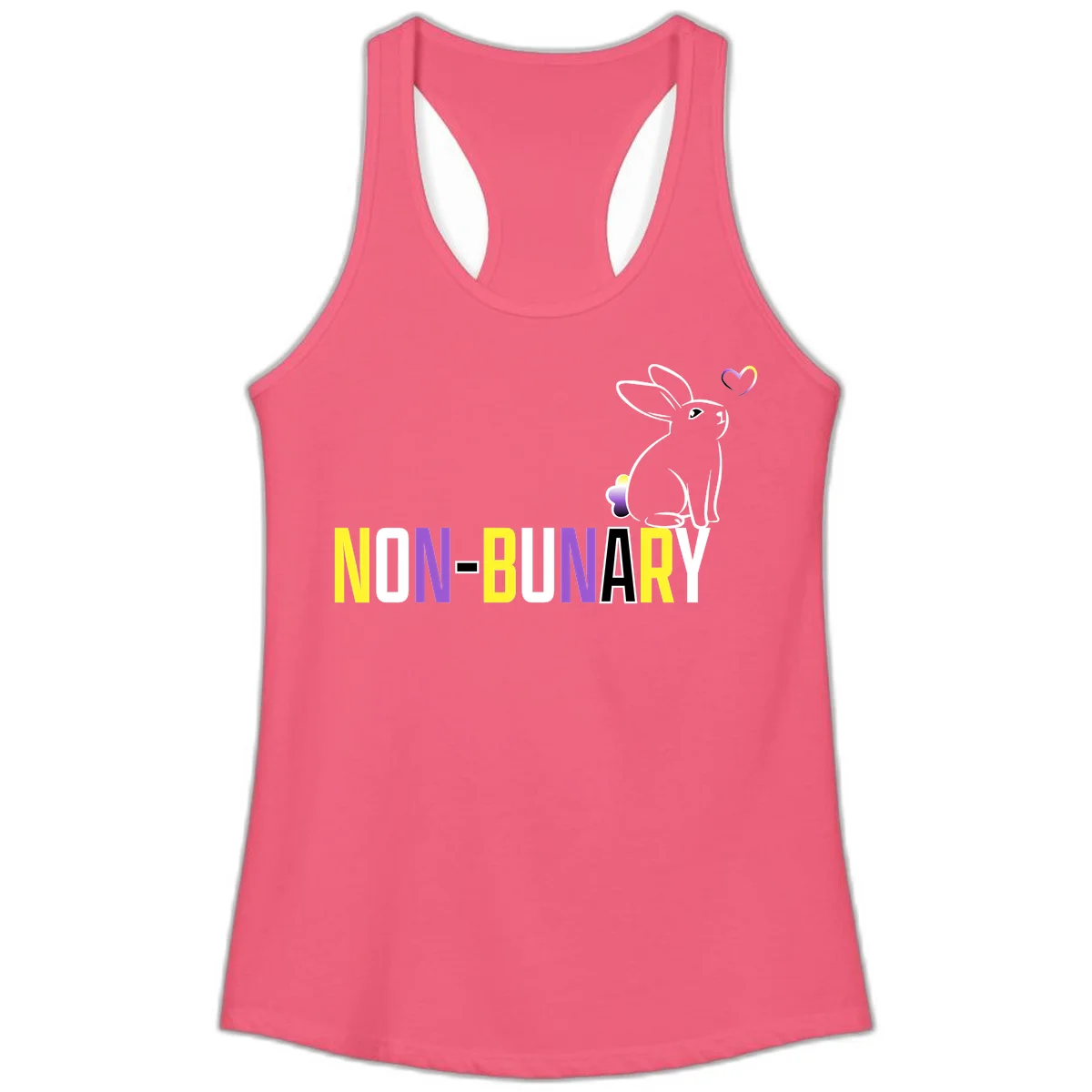 Non-binary bunny pride design featuring a white-outlined rabbit with gradient heart symbol and colorful 'NON-BINARY' text in yellow, purple, and white in Hot Pink