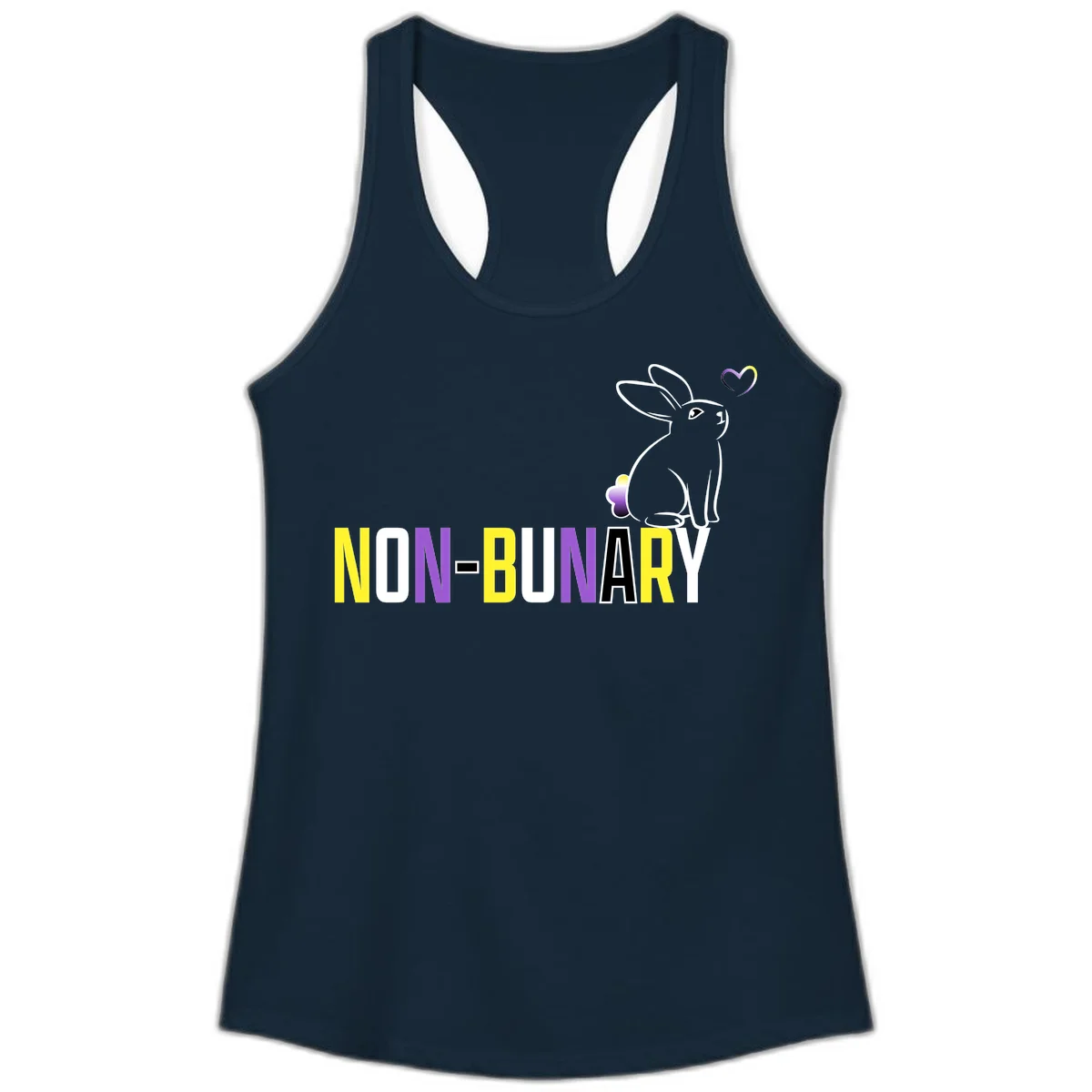 Non-binary bunny pride design featuring a white-outlined rabbit with gradient heart symbol and colorful 'NON-BINARY' text in yellow, purple, and white in Solid Midnight Navy