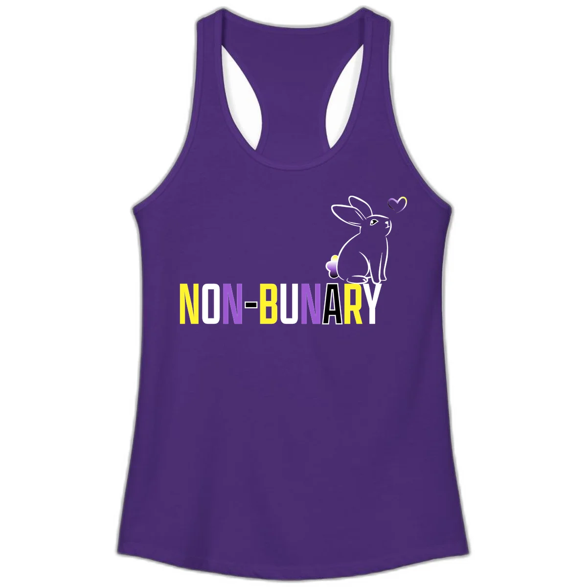 Non-binary bunny pride design featuring a white-outlined rabbit with gradient heart symbol and colorful 'NON-BINARY' text in yellow, purple, and white in Solid Purple Rush