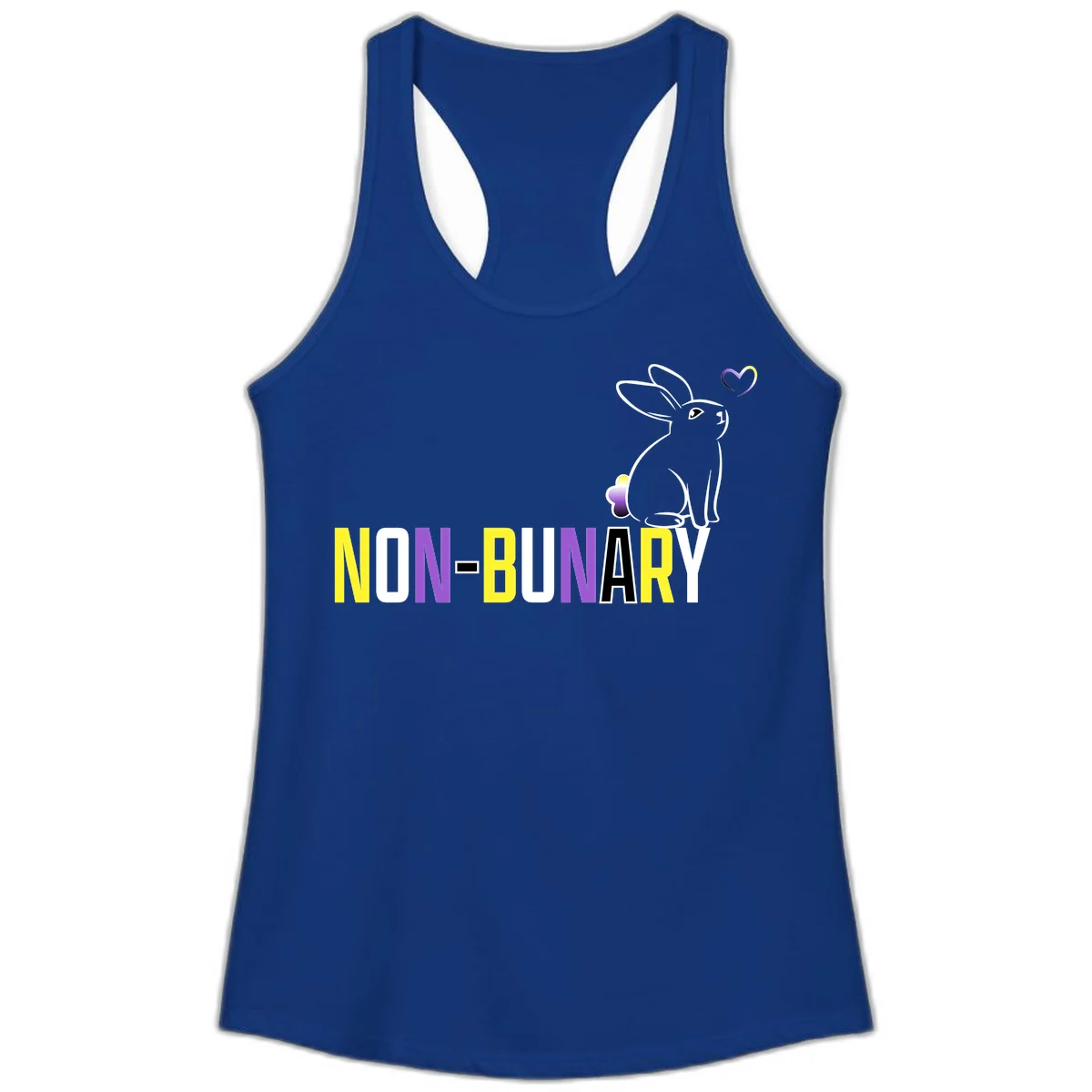 Non-binary bunny pride design featuring a white-outlined rabbit with gradient heart symbol and colorful 'NON-BINARY' text in yellow, purple, and white in Solid Royal