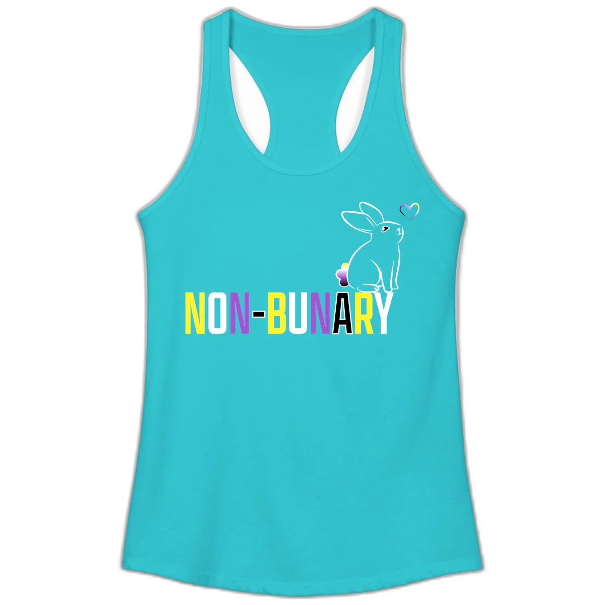 Non-binary bunny pride design featuring a white-outlined rabbit with gradient heart symbol and colorful 'NON-BINARY' text in yellow, purple, and white in Solid Tahiti Blue