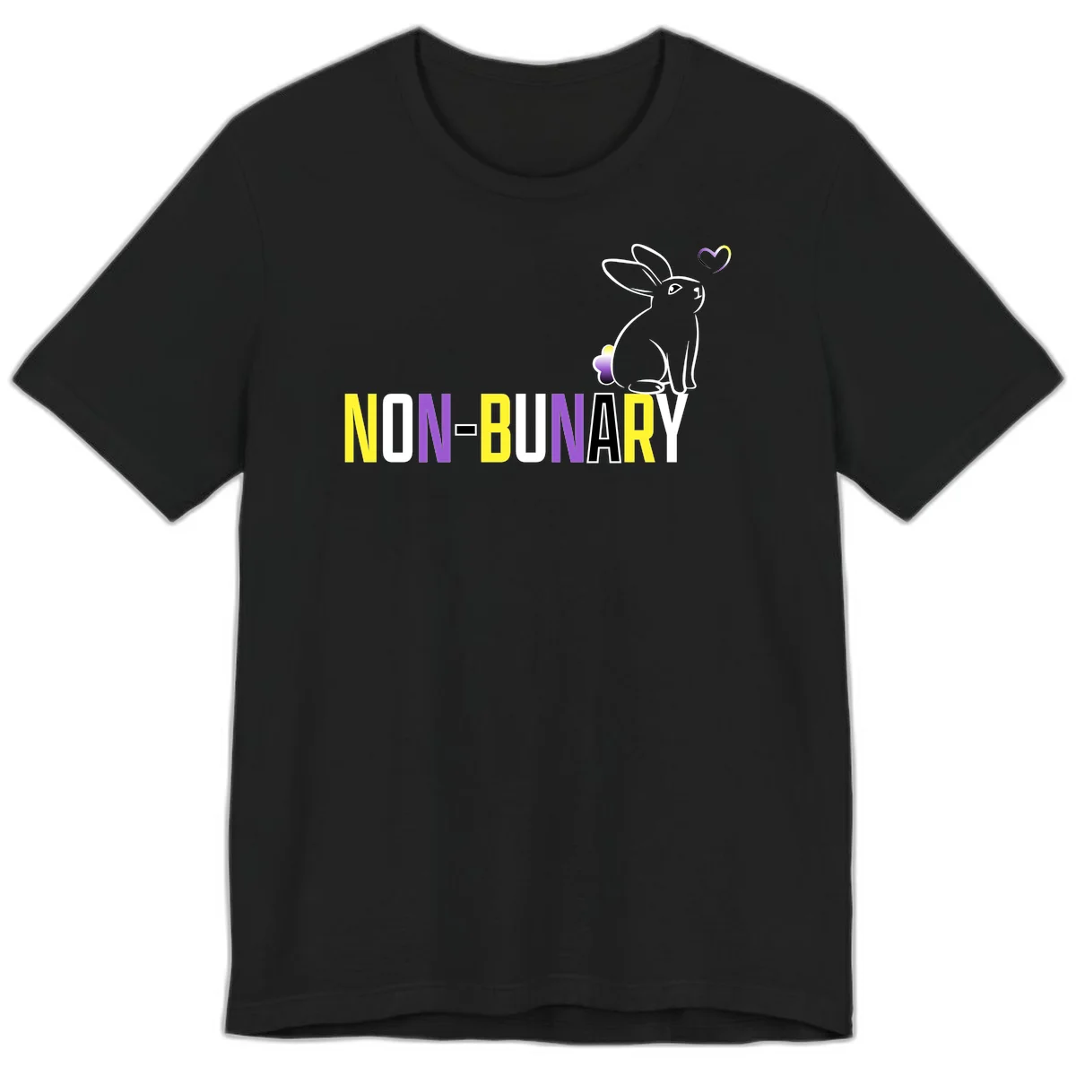 Non-binary bunny pride design featuring a white-outlined rabbit with gradient heart symbol and colorful 'NON-BINARY' text in yellow, purple, and white in Black