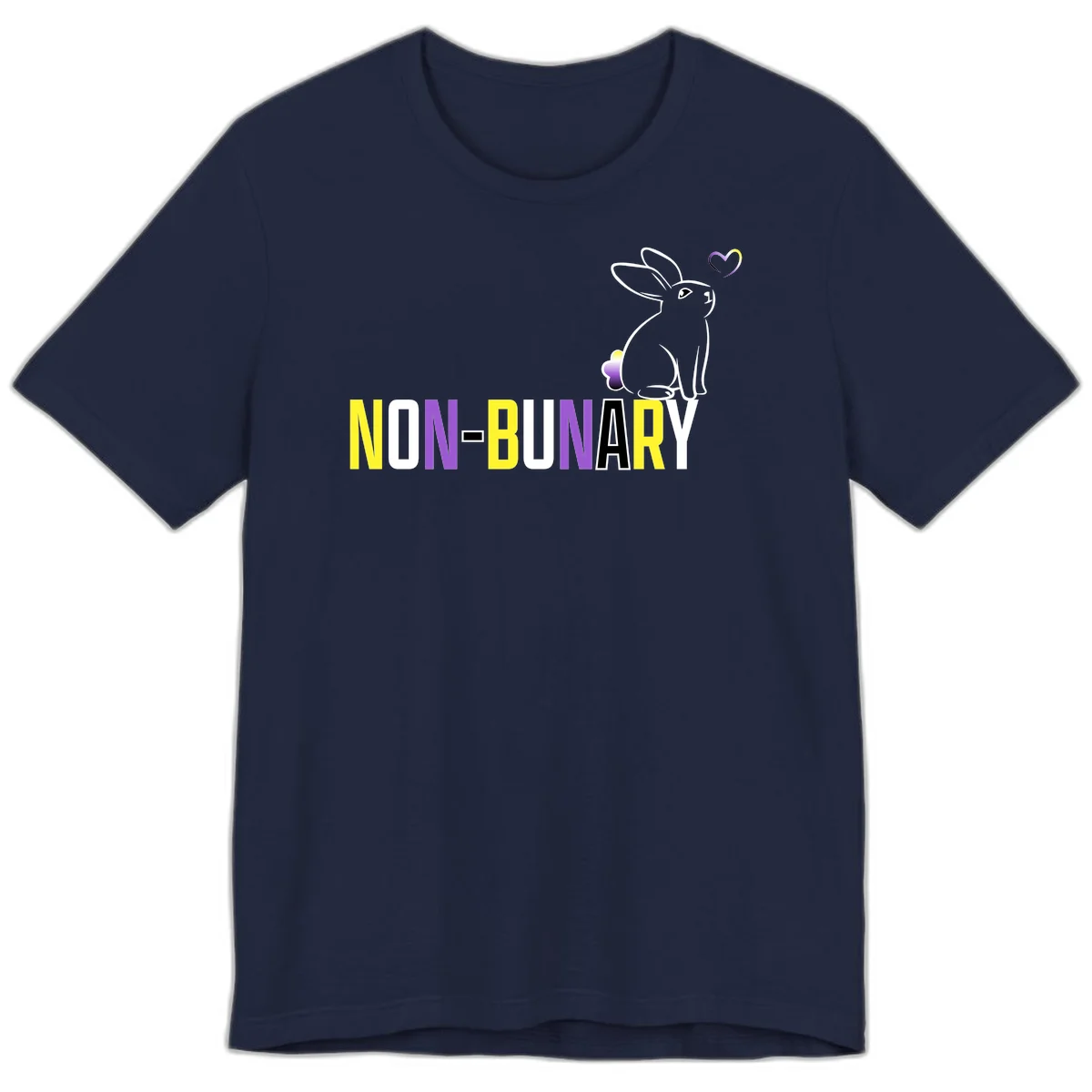 Non-binary bunny pride design featuring a white-outlined rabbit with gradient heart symbol and colorful 'NON-BINARY' text in yellow, purple, and white in Navy