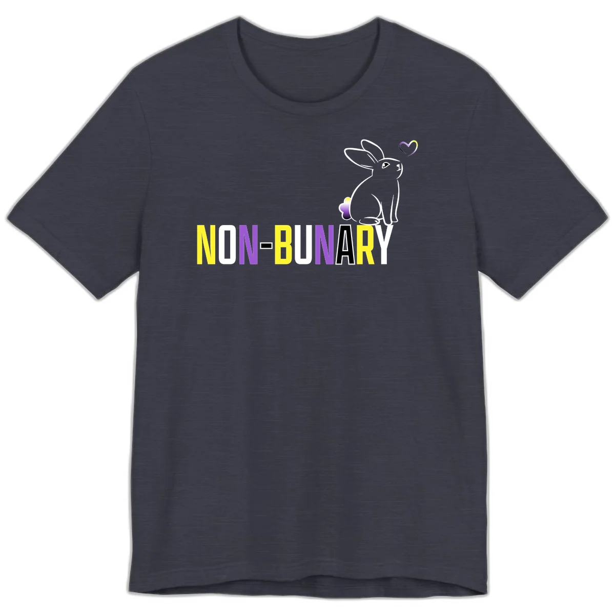Non-binary bunny pride design featuring a white-outlined rabbit with gradient heart symbol and colorful 'NON-BINARY' text in yellow, purple, and white in Heather Midnight Navy