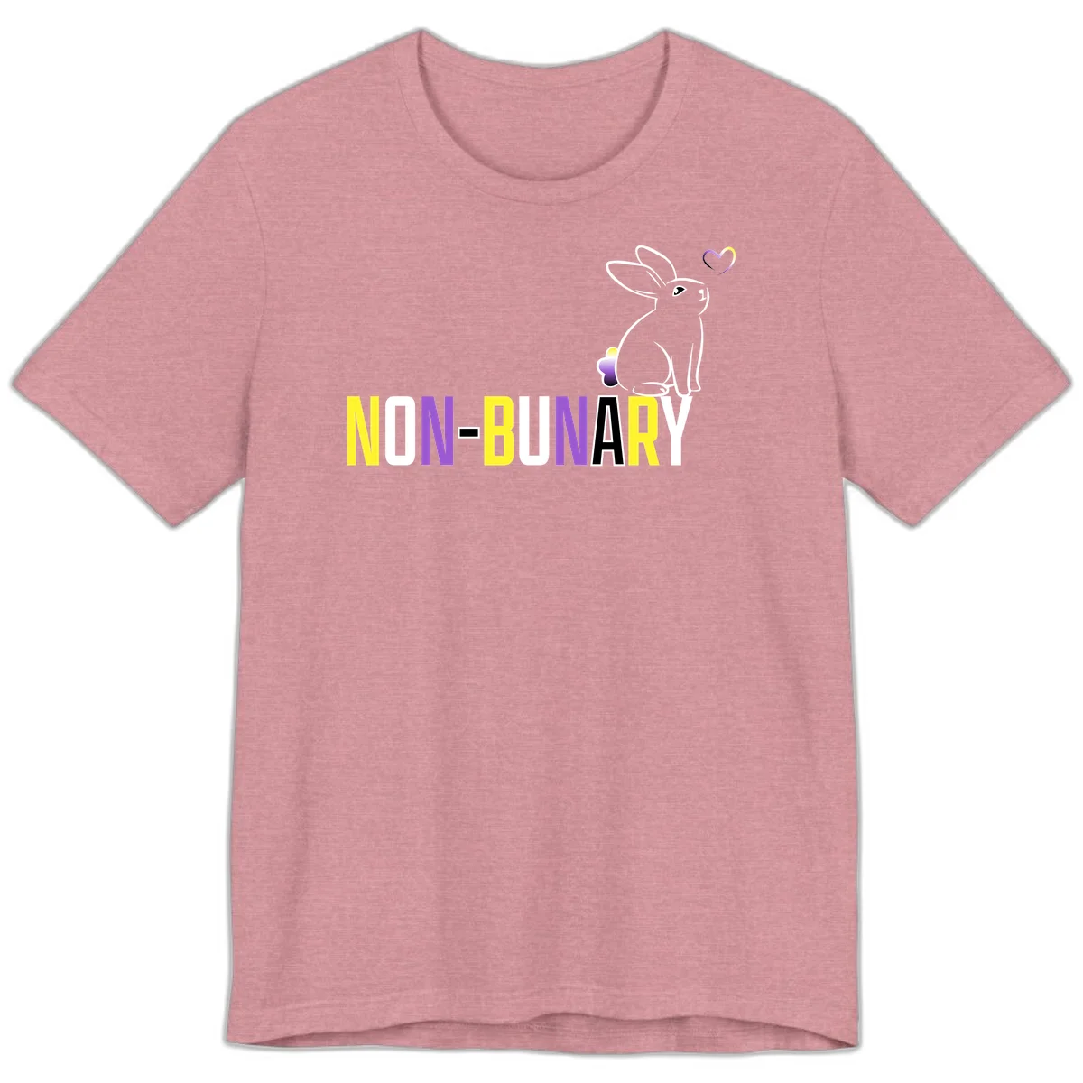 Non-binary bunny pride design featuring a white-outlined rabbit with gradient heart symbol and colorful 'NON-BINARY' text in yellow, purple, and white in Heather Orchid