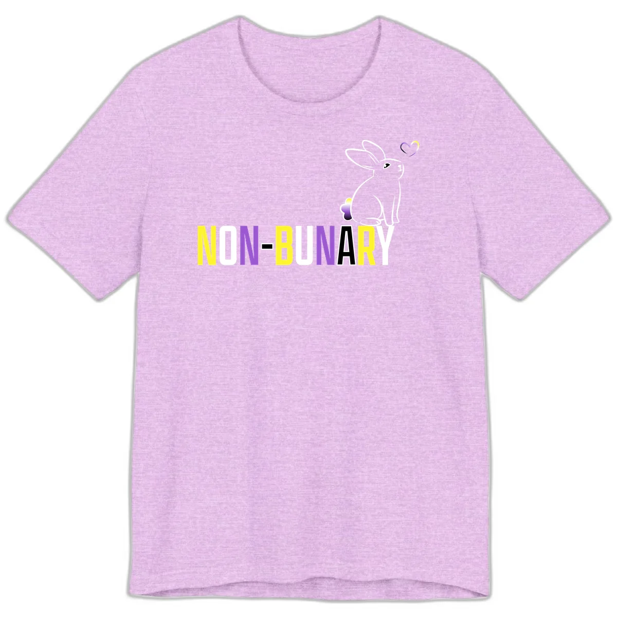 Non-binary bunny pride design featuring a white-outlined rabbit with gradient heart symbol and colorful 'NON-BINARY' text in yellow, purple, and white in Heather Prism Lilac
