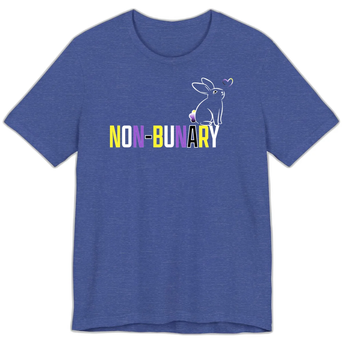 Non-binary bunny pride design featuring a white-outlined rabbit with gradient heart symbol and colorful 'NON-BINARY' text in yellow, purple, and white in Heather True Royal