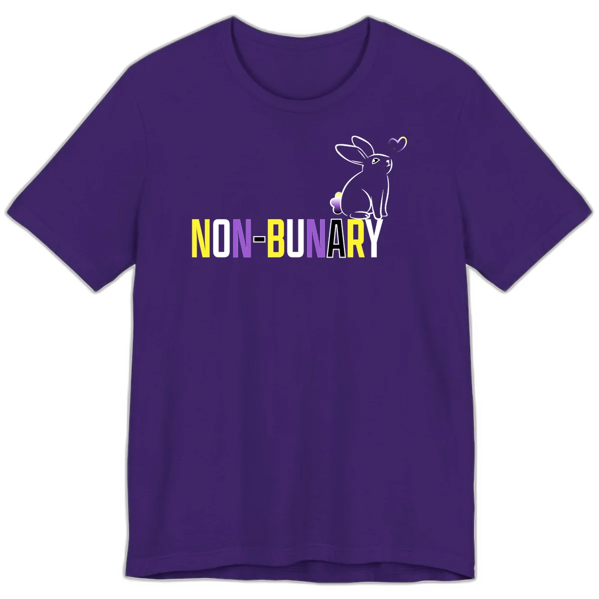 Non-binary bunny pride design featuring a white-outlined rabbit with gradient heart symbol and colorful 'NON-BINARY' text in yellow, purple, and white in Team Purple