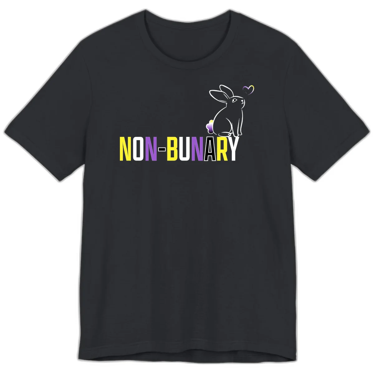 Non-binary bunny pride design featuring a white-outlined rabbit with gradient heart symbol and colorful 'NON-BINARY' text in yellow, purple, and white in Vintage Black