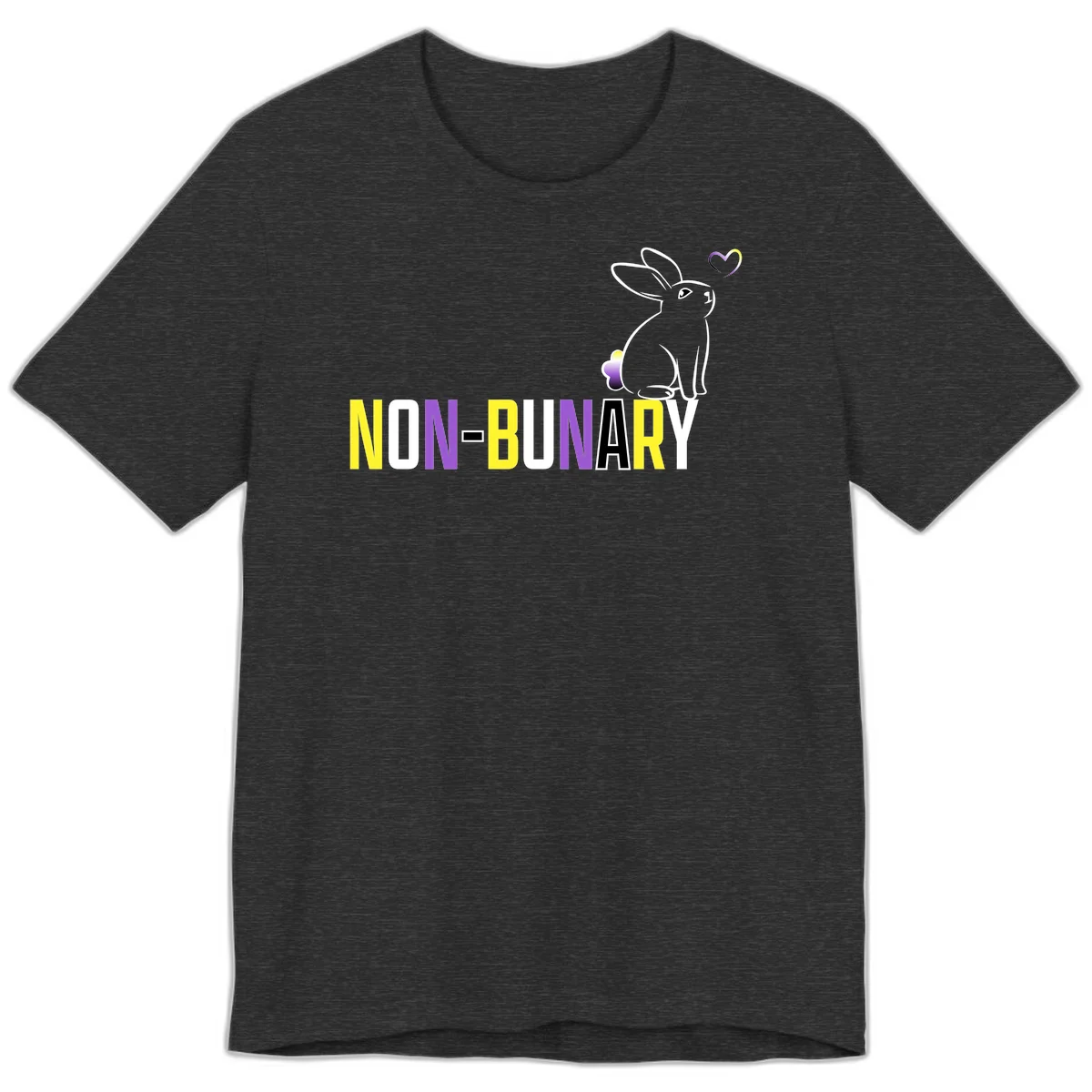 Non-binary bunny pride design featuring a white-outlined rabbit with gradient heart symbol and colorful 'NON-BINARY' text in yellow, purple, and white in Dark Grey Heather
