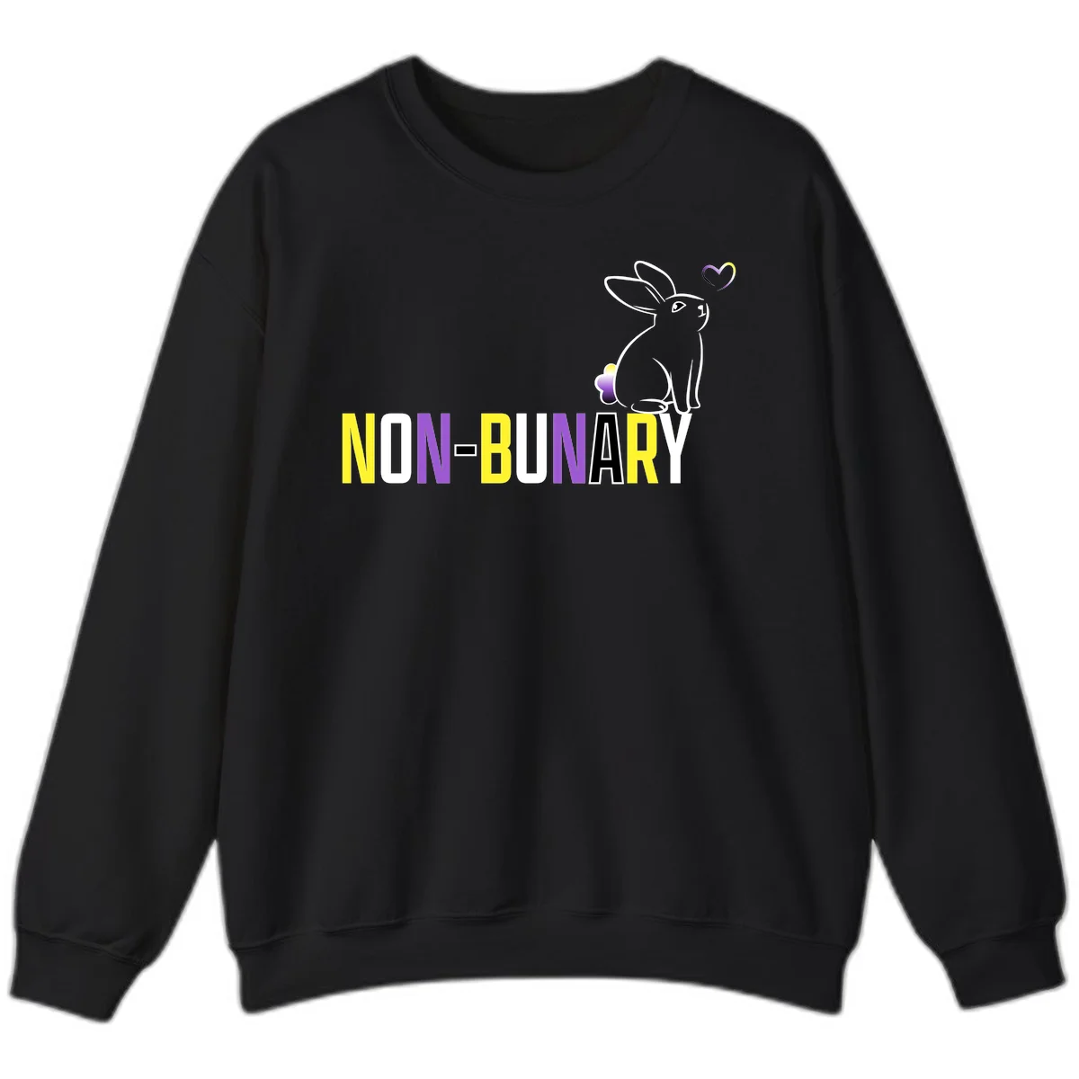 Non-binary bunny pride design featuring a white-outlined rabbit with gradient heart symbol and colorful 'NON-BINARY' text in yellow, purple, and white in Black