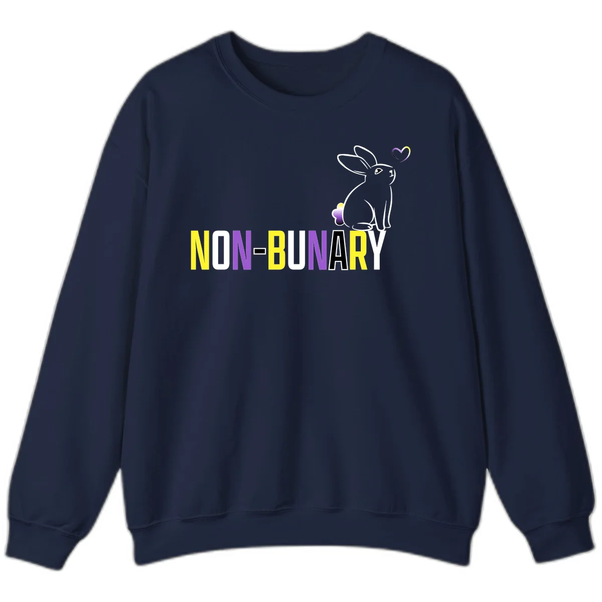 Non-binary bunny pride design featuring a white-outlined rabbit with gradient heart symbol and colorful 'NON-BINARY' text in yellow, purple, and white in Navy