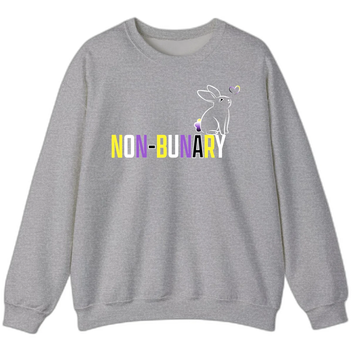 Non-binary bunny pride design featuring a white-outlined rabbit with gradient heart symbol and colorful 'NON-BINARY' text in yellow, purple, and white in Sport Grey
