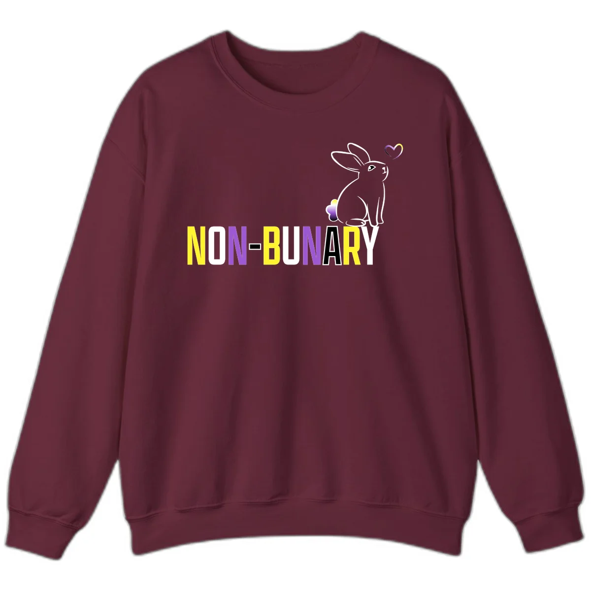 Non-binary bunny pride design featuring a white-outlined rabbit with gradient heart symbol and colorful 'NON-BINARY' text in yellow, purple, and white in Maroon