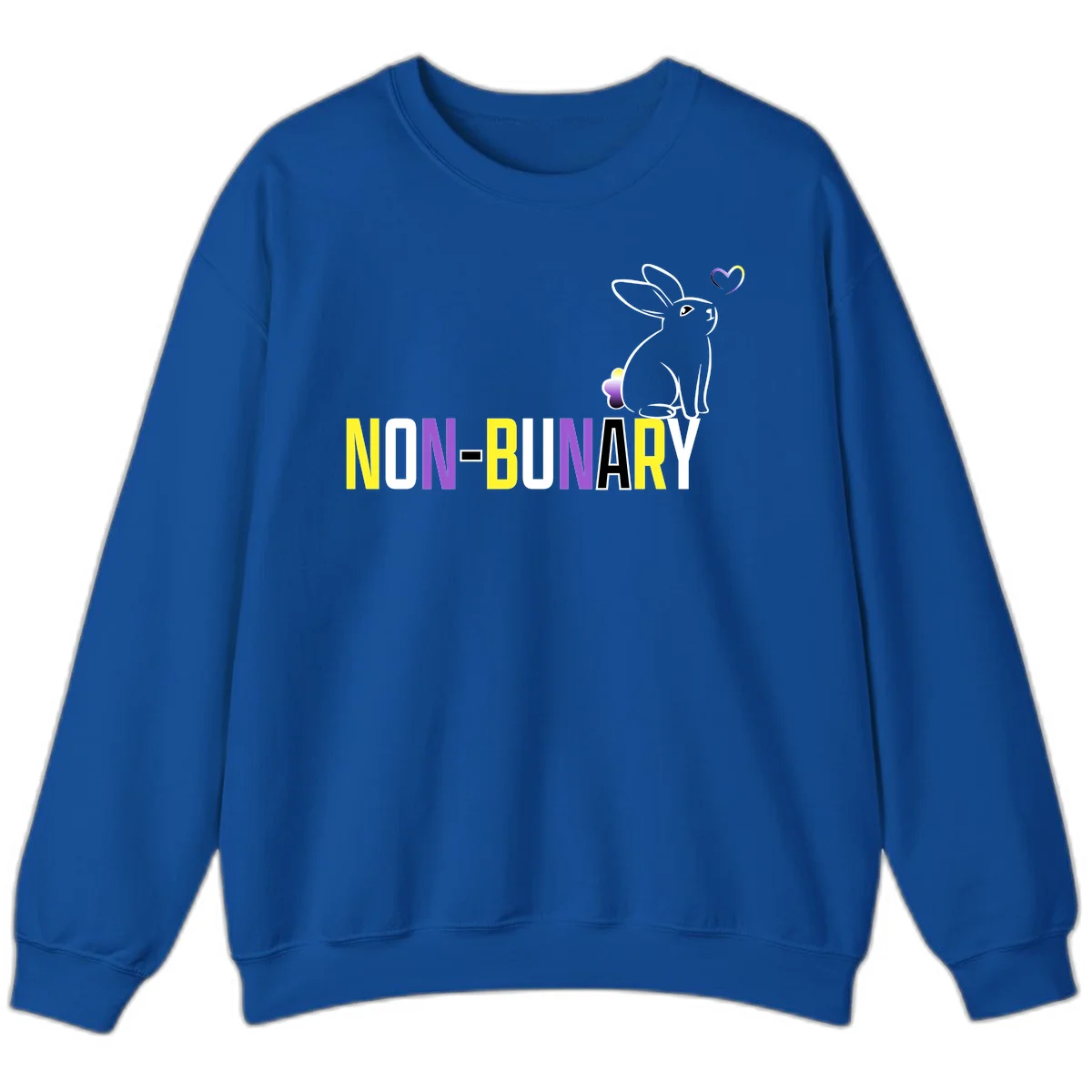 Non-binary bunny pride design featuring a white-outlined rabbit with gradient heart symbol and colorful 'NON-BINARY' text in yellow, purple, and white in Royal