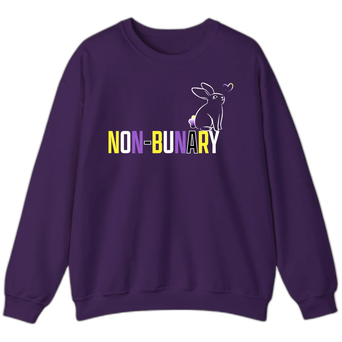Non-binary bunny pride design featuring a white-outlined rabbit with gradient heart symbol and colorful 'NON-BINARY' text in yellow, purple, and white in Purple
