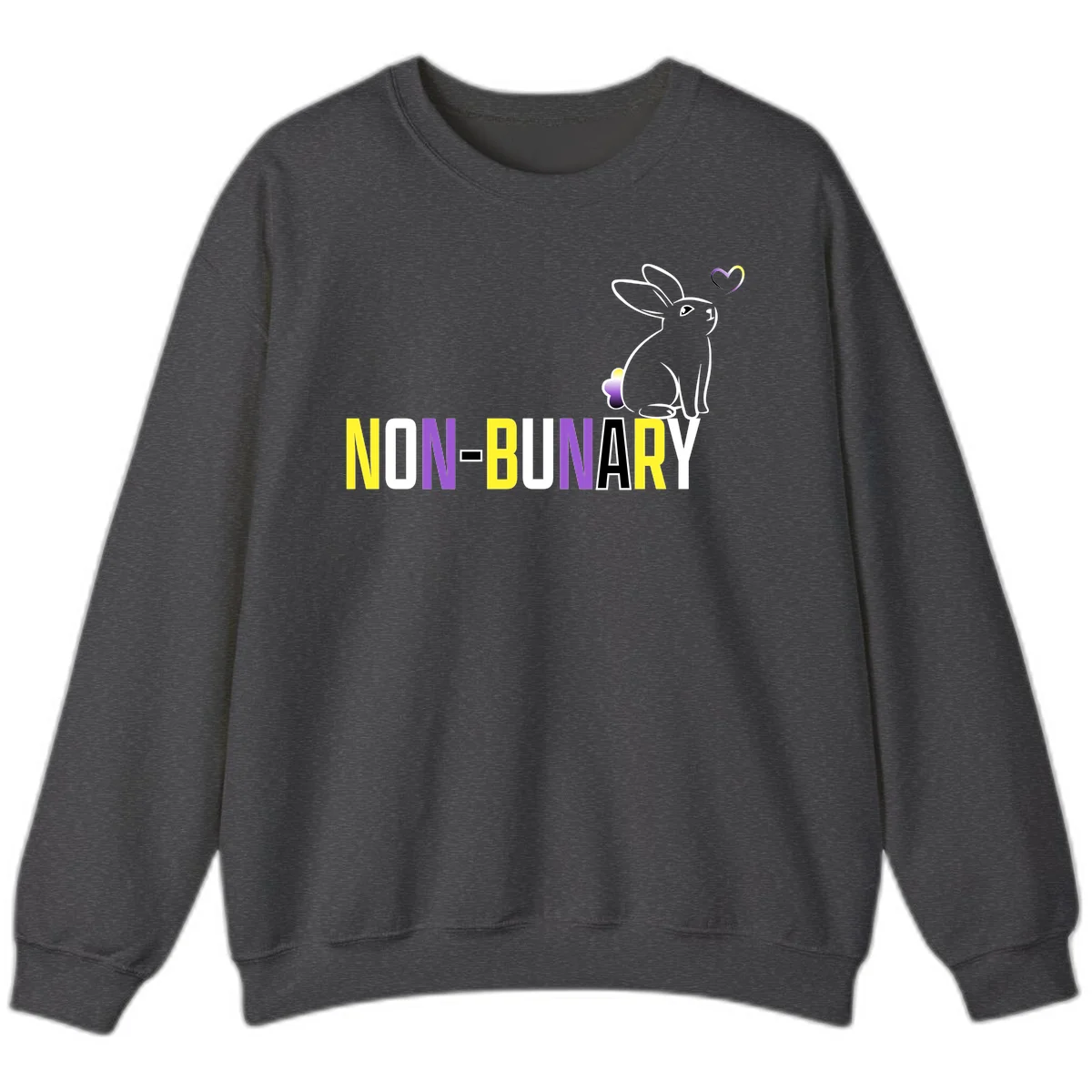 Non-binary bunny pride design featuring a white-outlined rabbit with gradient heart symbol and colorful 'NON-BINARY' text in yellow, purple, and white in Dark Heather