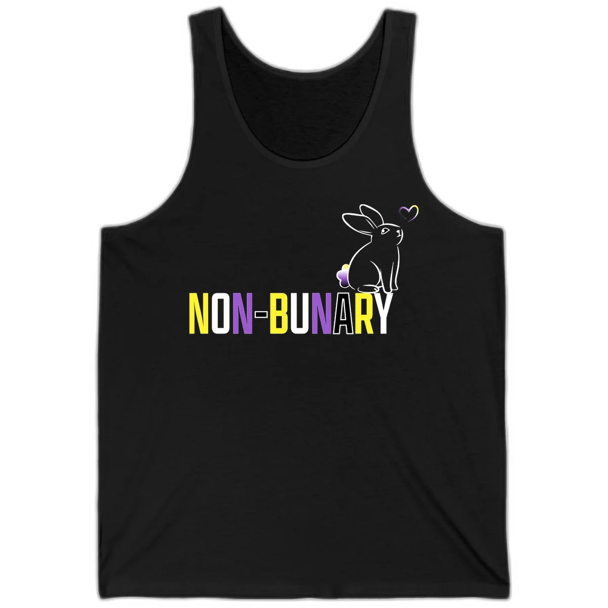 Non-binary bunny pride design featuring a white-outlined rabbit with gradient heart symbol and colorful 'NON-BINARY' text in yellow, purple, and white in Black