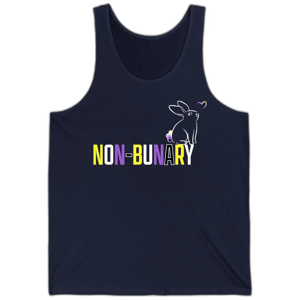 Non-binary bunny pride design featuring a white-outlined rabbit with gradient heart symbol and colorful 'NON-BINARY' text in yellow, purple, and white in Navy