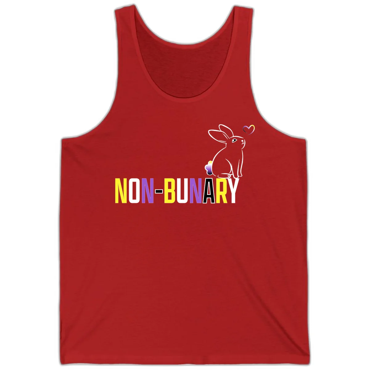 Non-binary bunny pride design featuring a white-outlined rabbit with gradient heart symbol and colorful 'NON-BINARY' text in yellow, purple, and white in Red