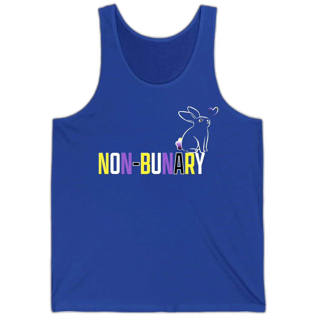 Non-binary bunny pride design featuring a white-outlined rabbit with gradient heart symbol and colorful 'NON-BINARY' text in yellow, purple, and white in True Royal